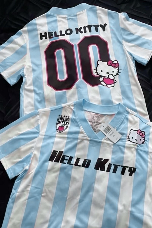 Pembe Beyaz V Yaka Çubuklu Jersey Kitty T-Shirt