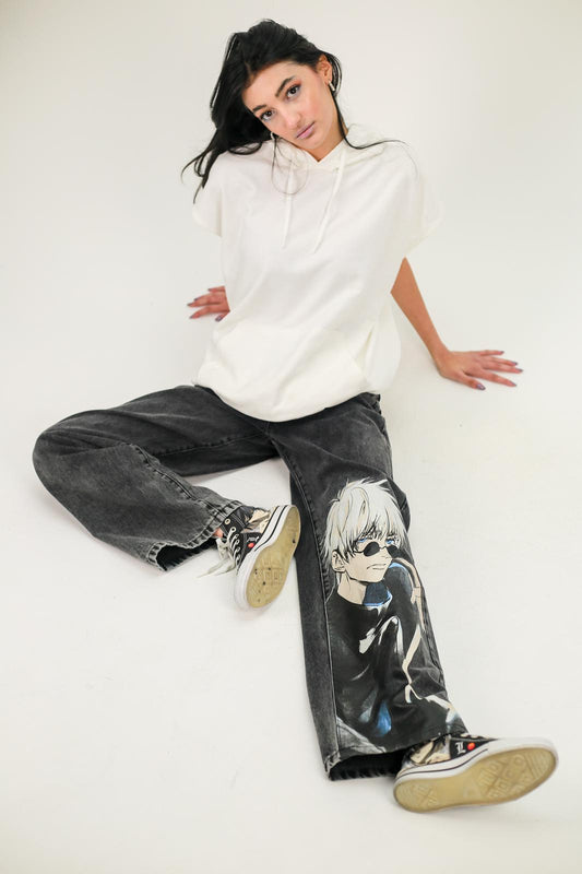 Kar Yıkamalı Anime Satoru Gojo Desenli Baggy Pantolon