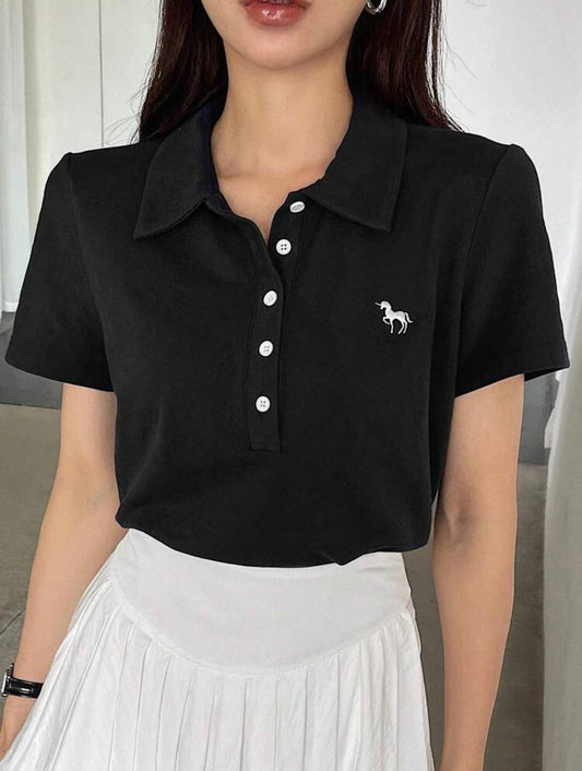 Unicorn Baskılı Polo Yaka Düğmeli Kısa Kol Tshirt