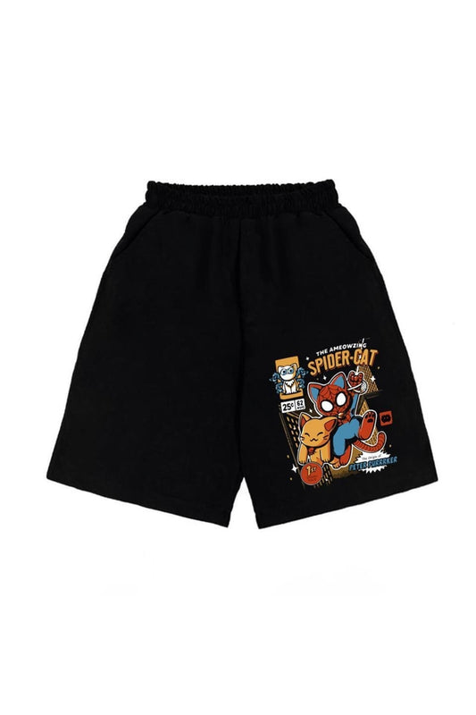 Eylm Spider-cat Baskılı Siyah Unisex Penye Şort