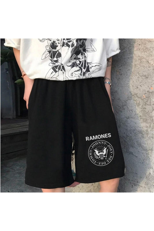 Küt Küt Ramones Logo Baskılı Siyah Unisex Penye Şort