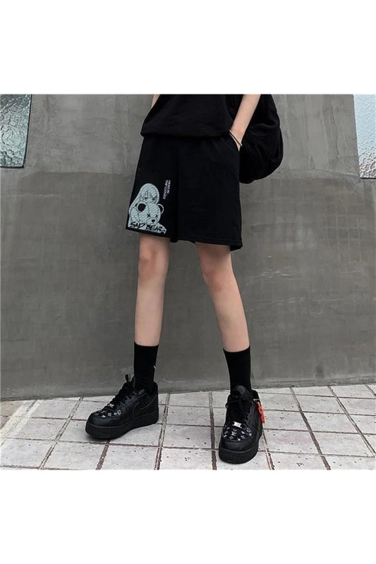 Sad Bear Girl Baskılı Siyah Unisex Penye Şort