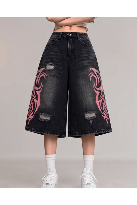 Siyah Taşlamalı Grunge Pembe Tribal Baskılı Harajuku Y2K Unisex Şort