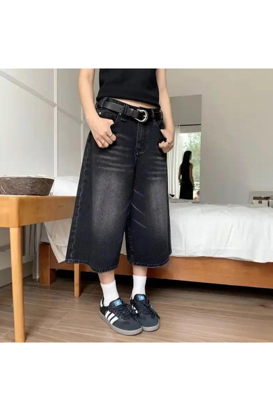 Siyah Yıkamalı Kumaş Y2K Unisex Baggy Oversize Kalıp Kot Pantolon Şort