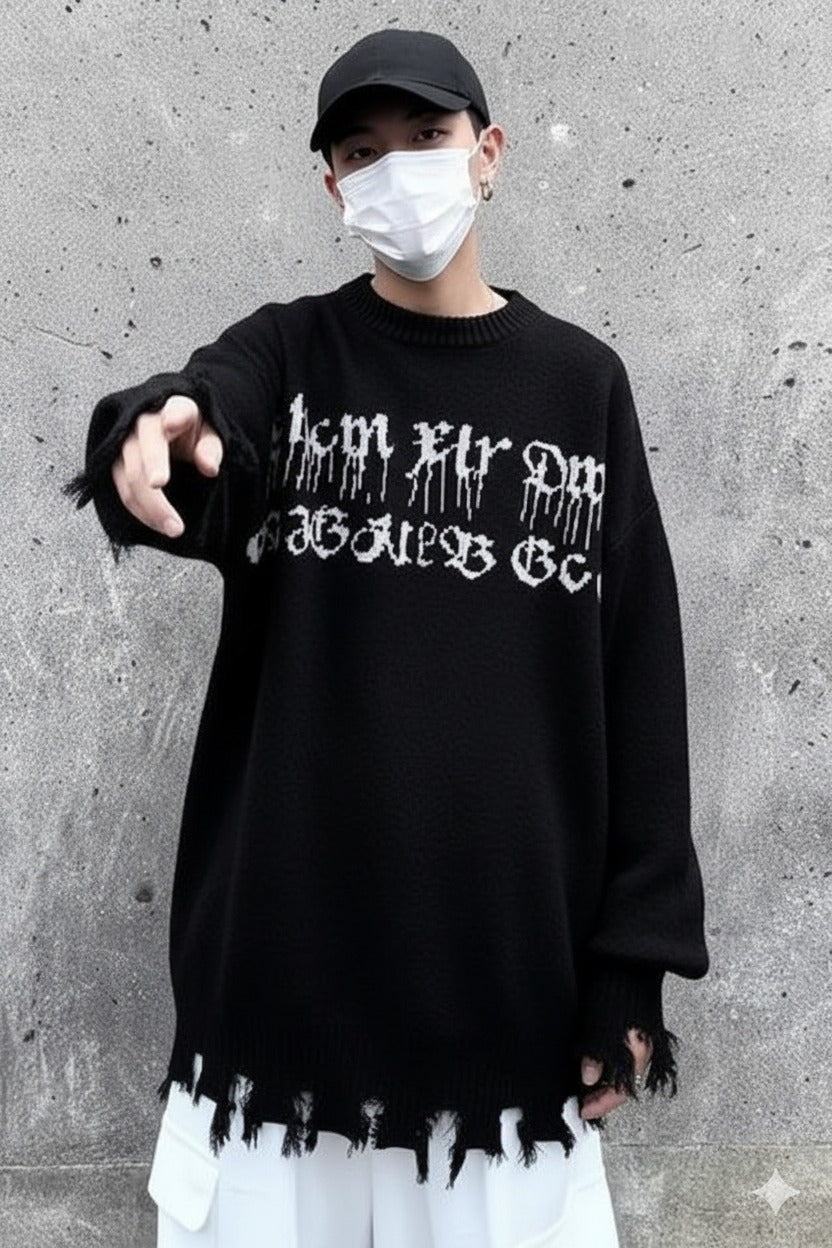 Siyah Gothic Show Xin Dou Yırtık Oversize Triko Kazak