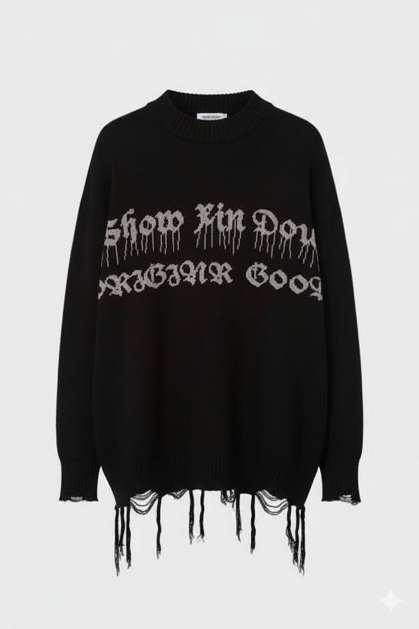 Siyah Gothic Show Xin Dou Yırtık Oversize Triko Kazak