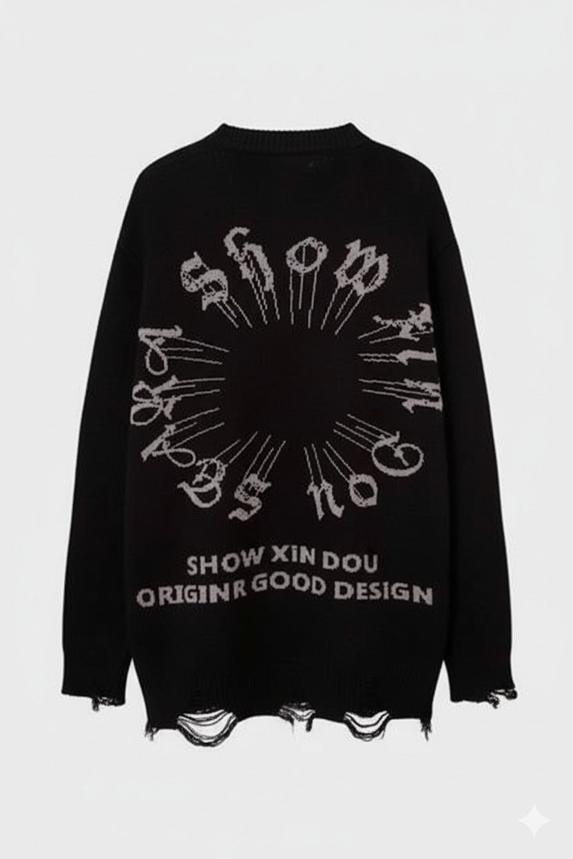 Siyah Gothic Show Xin Dou Yırtık Oversize Triko Kazak