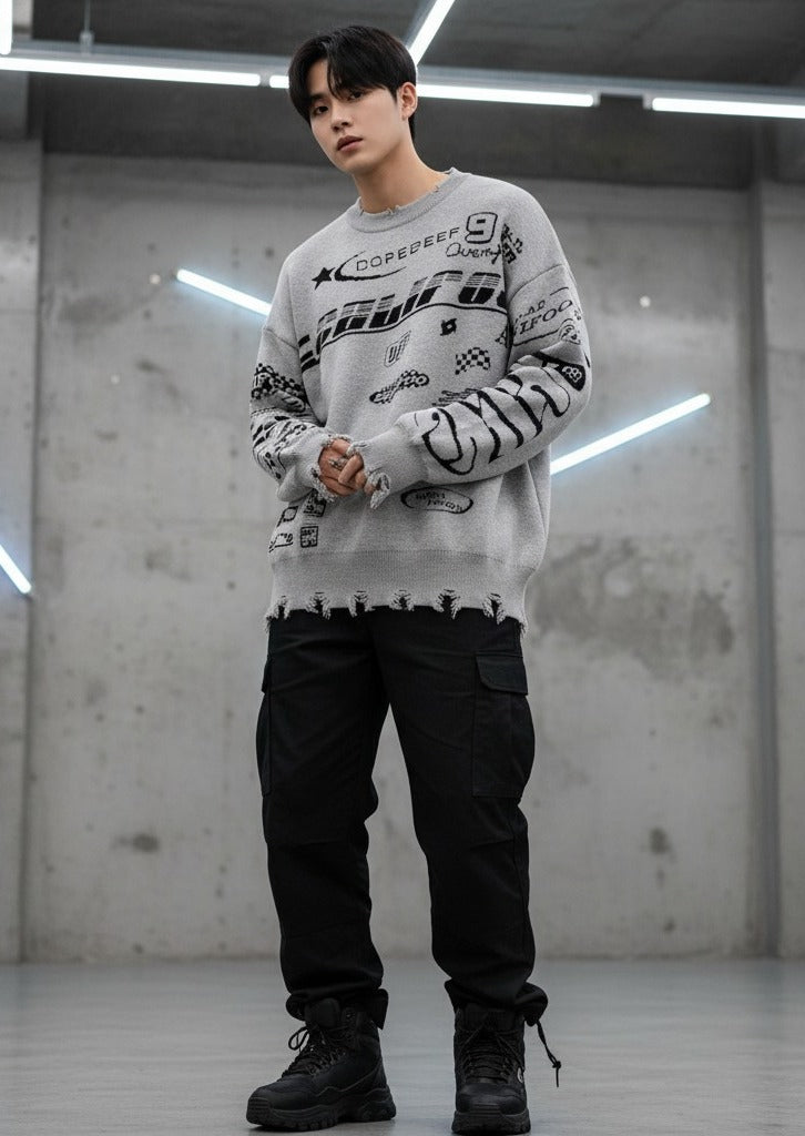 Harajuku Space Oversize Gri Triko Kazak