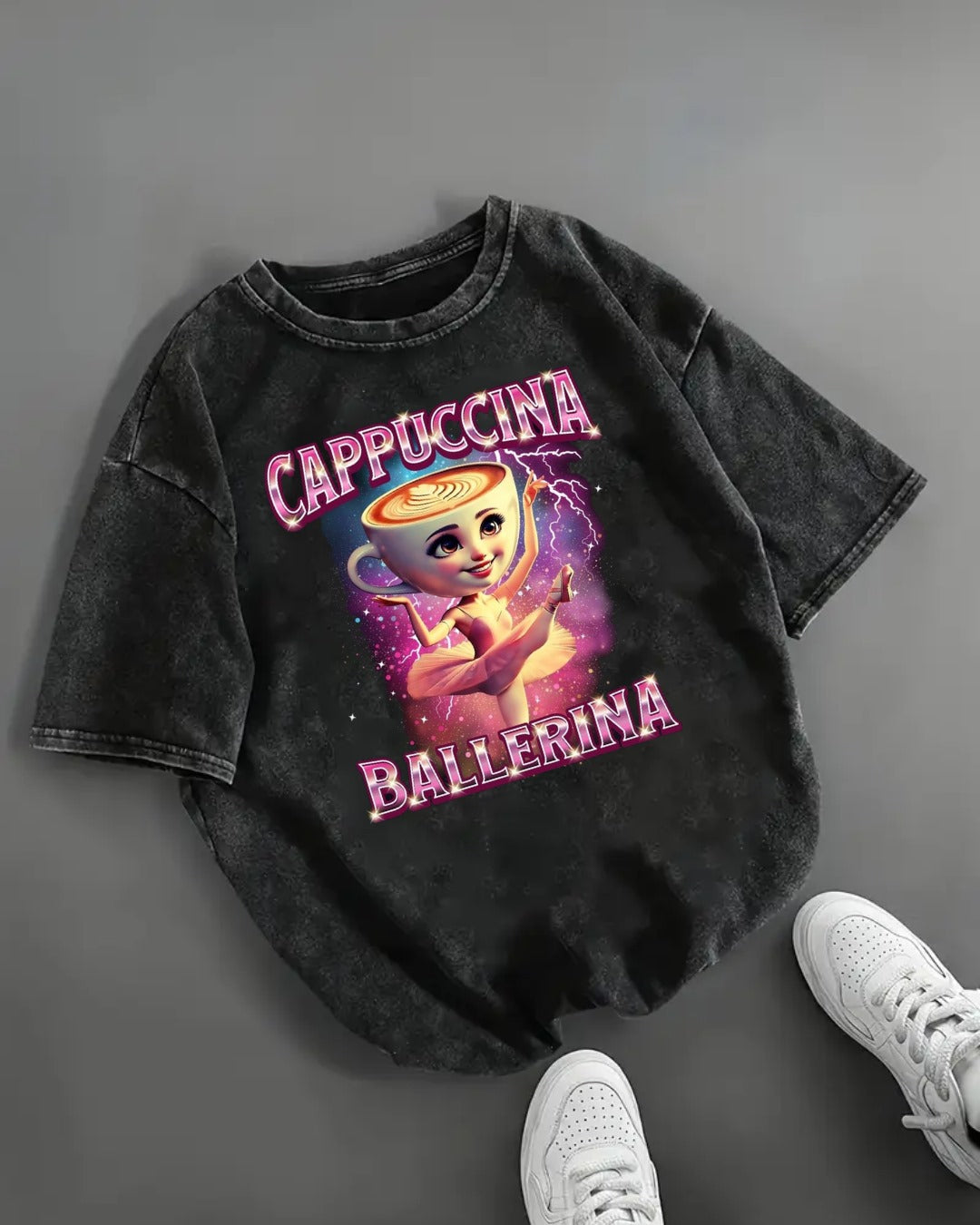 Cappuccino Ballerina Baskılı Yıkamalı Vintage Unisex Oversize T-Shirt