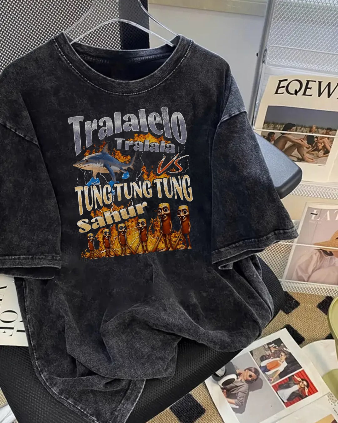 Tung Tung Tung Sahur vs Tralalero Tralala Baskılı Yıkamalı Vintage Unisex Oversize T-Shirt