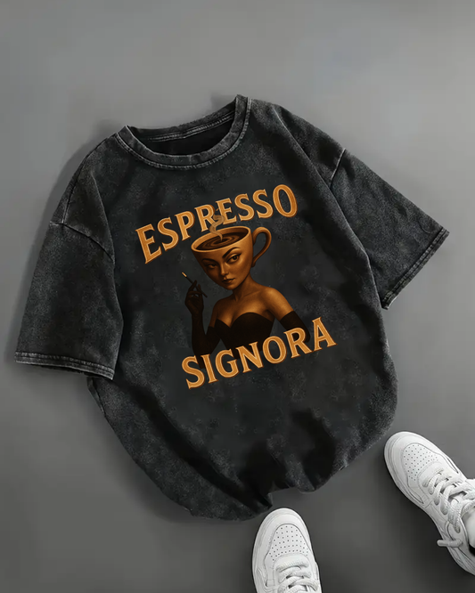 Espresso Signora Baskılı Yıkamalı Vintage Unisex Oversize T-Shirt