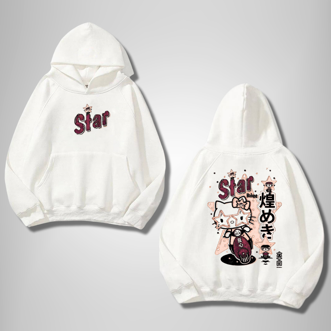 Hello Star Ön Arka Baskılı Beyaz Kapşonlu Sweatshirt