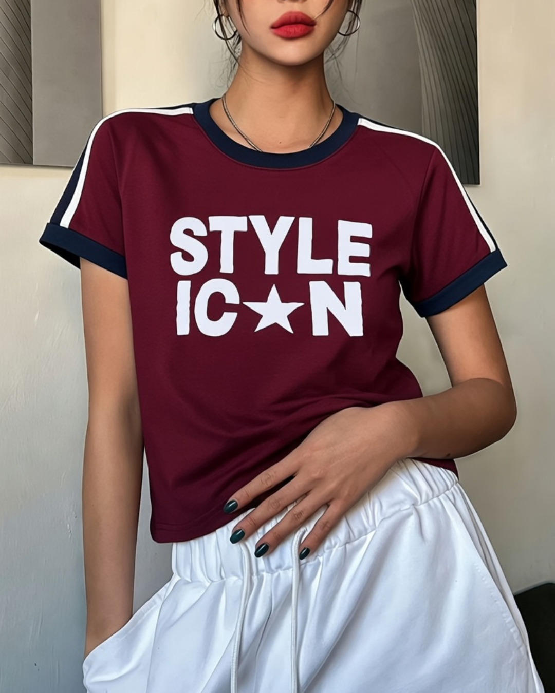 Style Icon Baskılı Crop Bluz
