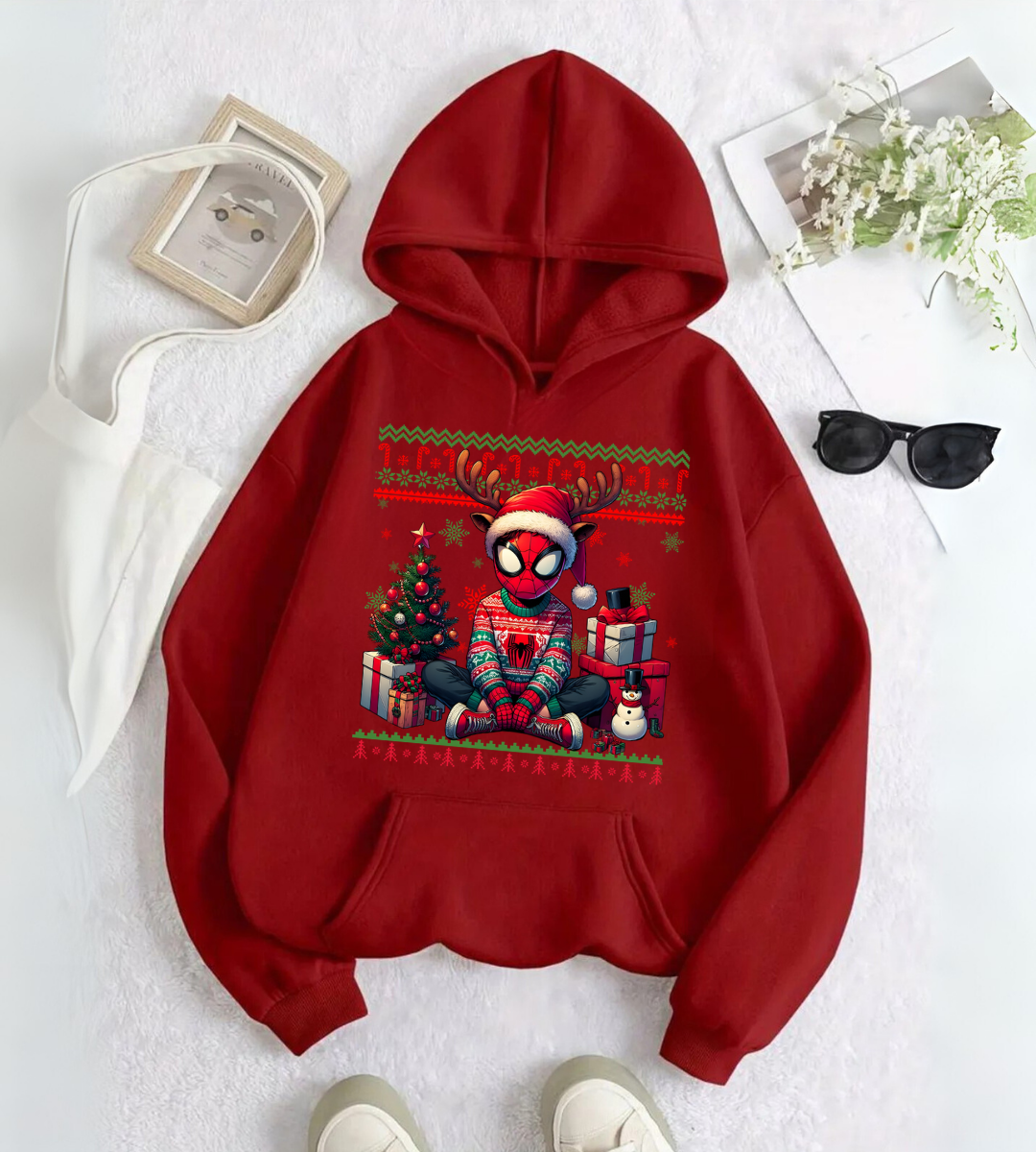 Spider Man Merry Christmas Baskılı Kapşonlu Sweatshirt