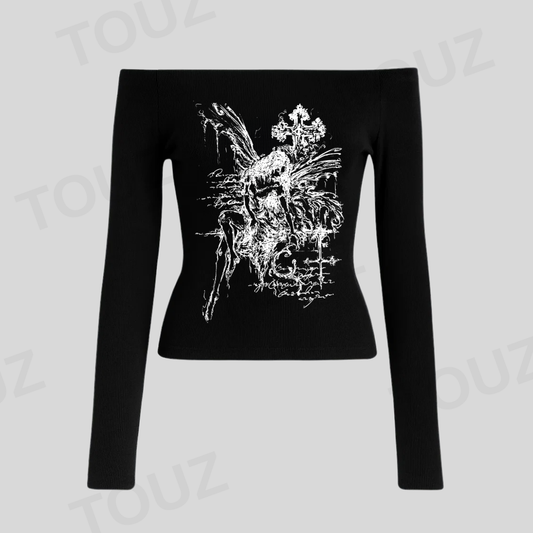 Gothic Girl Baskılı Lace Siyah Uzun Kol Bluz