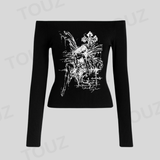 Gothic Girl Baskılı Lace Siyah Uzun Kol Bluz