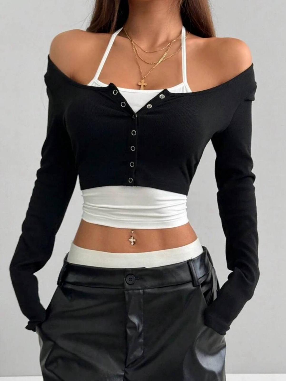 Y2K SnapFit Body Çıtçıt Detaylı Uzun Kollu Full Crop