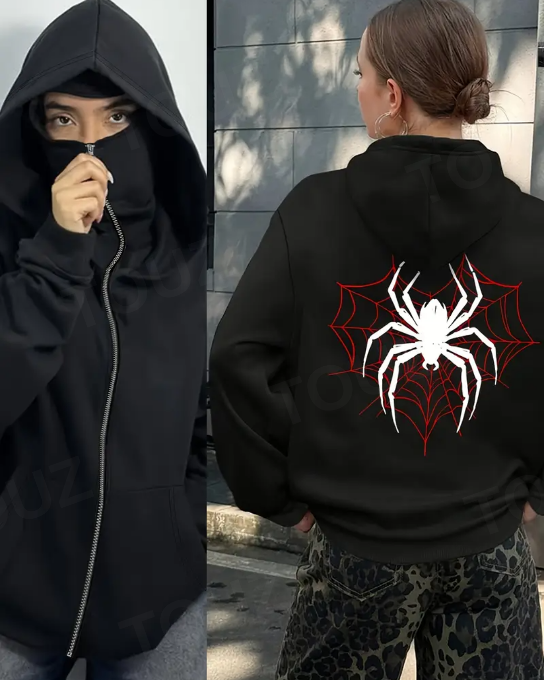 Spider Maske Detaylı Oversize Fermuarlı Siyah Unisex Kapüşonlu Hırka