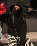 Alone Maske Detaylı Oversize Fermuarlı Siyah Unisex Kapüşonlu Hırka