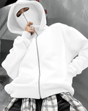 Gothic Maske Detaylı Oversize Fermuarlı Ecru Unisex Kapüşonlu Hırka