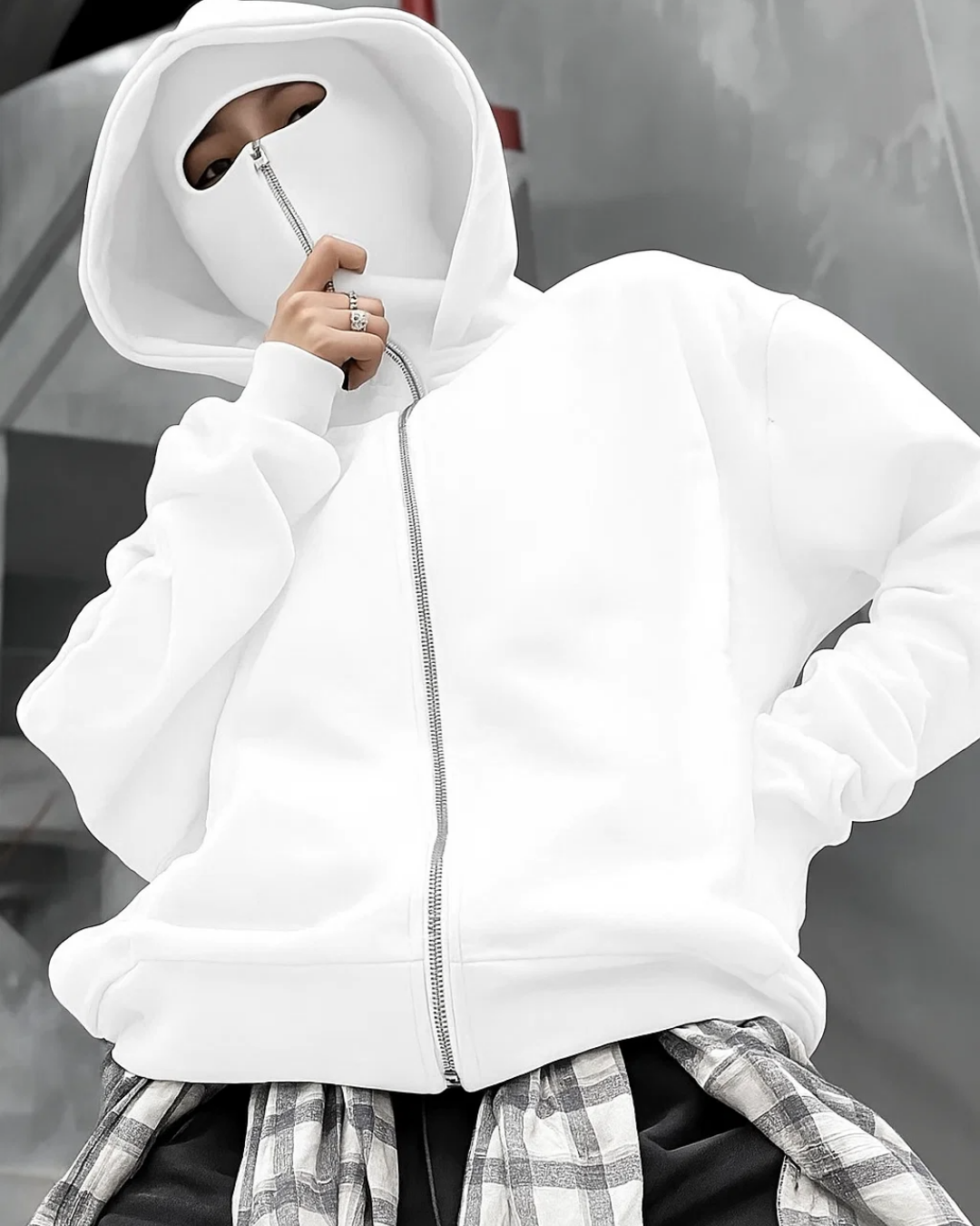 Hystapia Maske Detaylı Oversize Fermuarlı Ecru Unisex Kapüşonlu Hırka