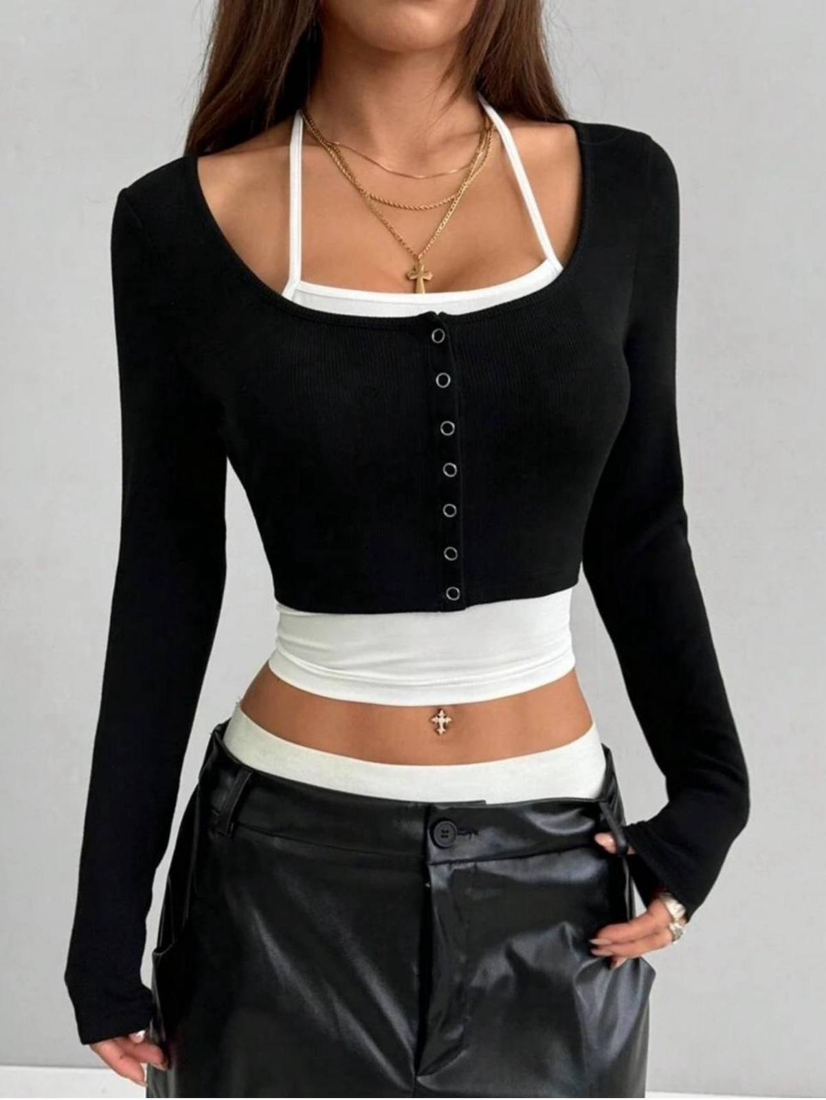 Y2K SnapFit Body Çıtçıt Detaylı Uzun Kollu Full Crop