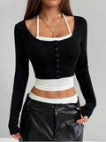 Y2K SnapFit Body Çıtçıt Detaylı Uzun Kollu Full Crop