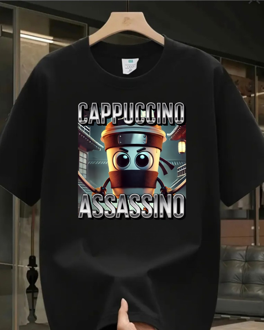 Cappuccino Assassino Baskılı Yıkamalı Vintage Unisex Oversize T-Shirt