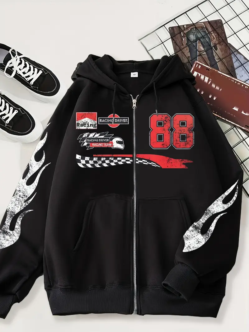 Race Baskılı Oversize Fermuarlı Siyah Unisex Kapüşonlu Hırka