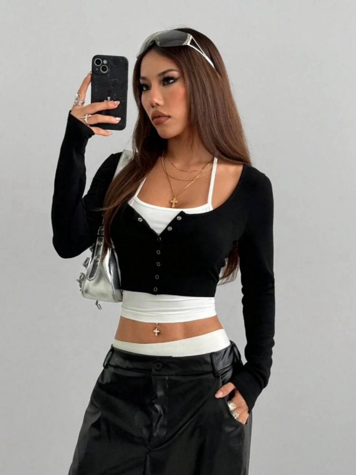 Y2K SnapFit Body Çıtçıt Detaylı Uzun Kollu Full Crop