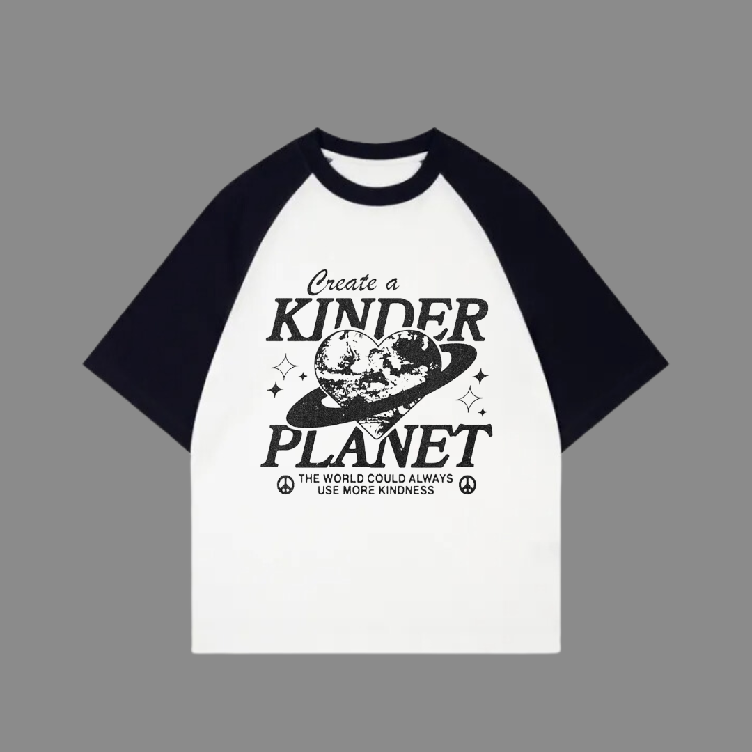 Beyaz Unisex Siyah Reglan Kinder Planet T-Shirt