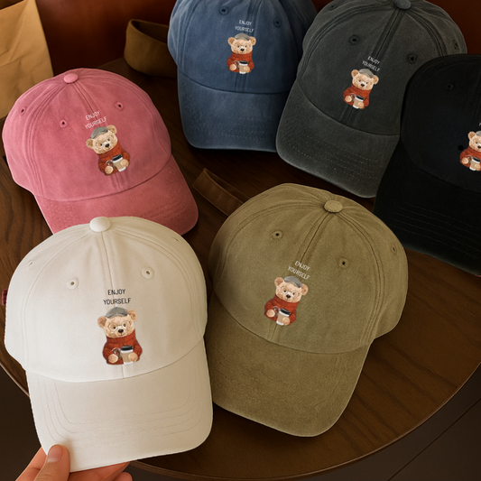 Yıkamalı Vintage Cute Bear Baskılı Unisex Şapka