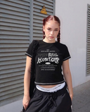 Retro Aesthetic Baskılı Ters Dikiş Siyah Crop