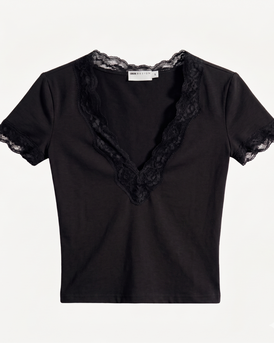 Retro Lace Detail Siyah Kısa Kol Crop