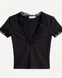 Retro Lace Detail Siyah Kısa Kol Crop