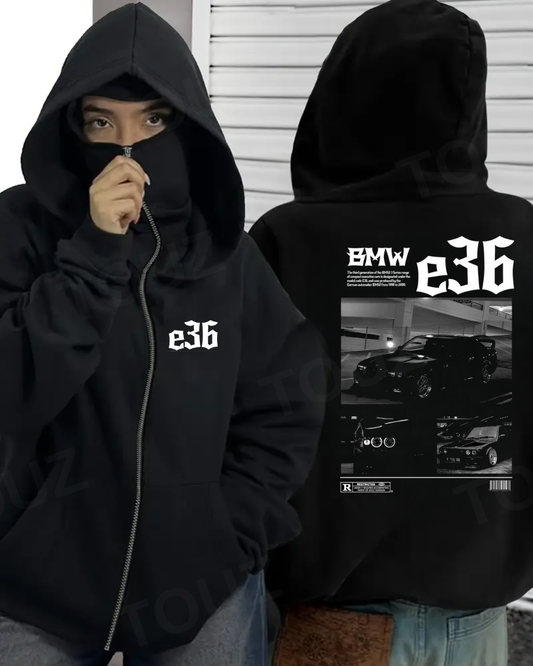 E36 Maske Detaylı Oversize Fermuarlı Siyah Unisex Kapüşonlu Hırka