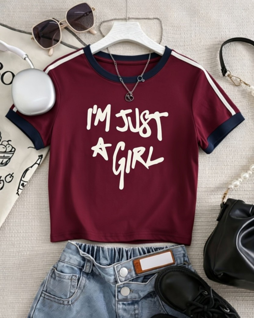 I Am Just Girl Baskılı Crop Bluz