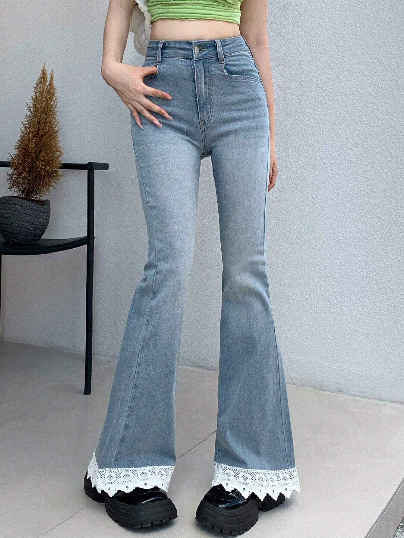 Y2k Lace Detail Jean Pantolon