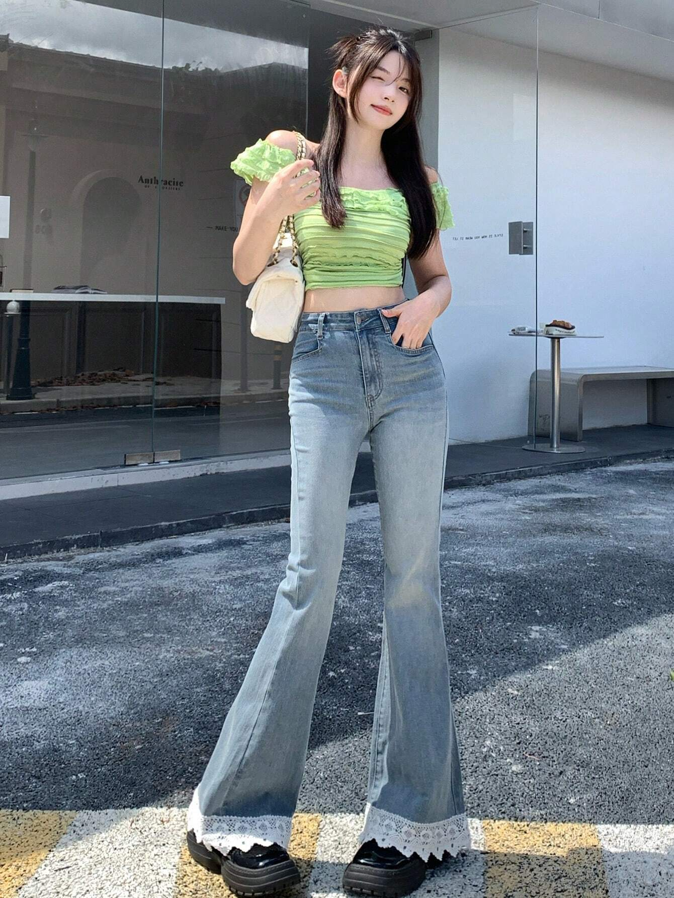 Y2k Lace Detail Jean Pantolon