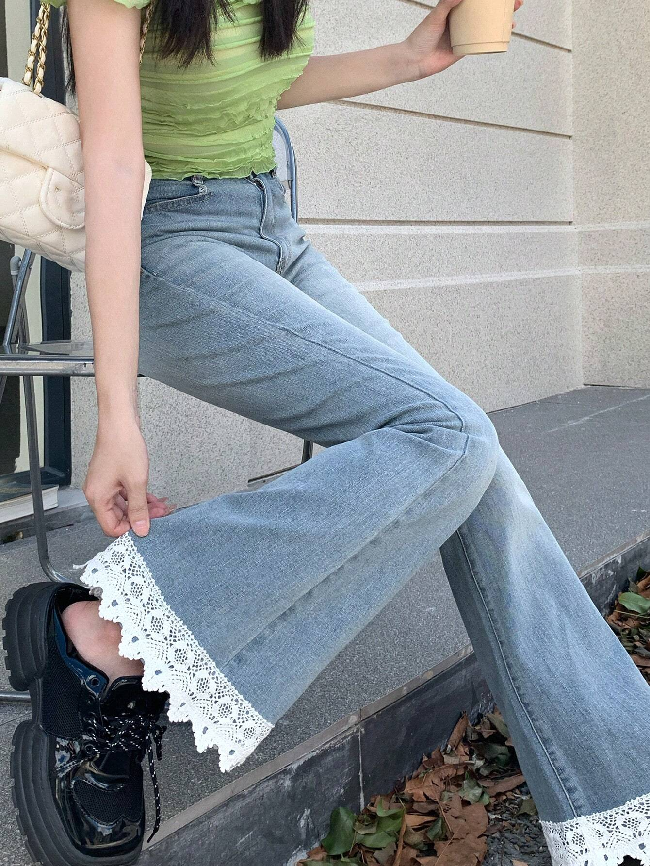 Y2k Lace Detail Jean Pantolon