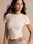 Ribbon Nakış Detaylı Beyaz Body Crop Bluz