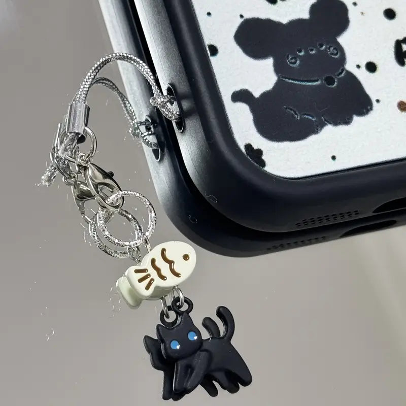 Siyah Kedi ve Balık Telefon Charmı