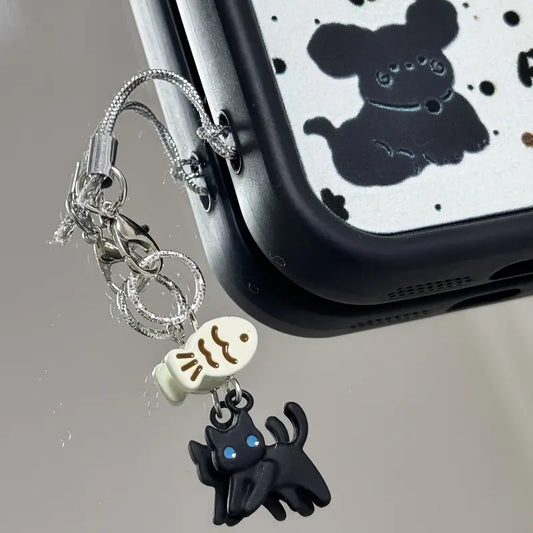 Siyah Kedi ve Balık Telefon Charmı