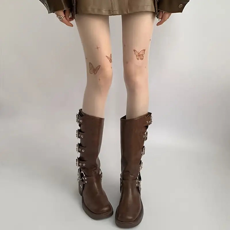 Butterfly Gothic Desenli Ithal Fileli Külotlu Çorap