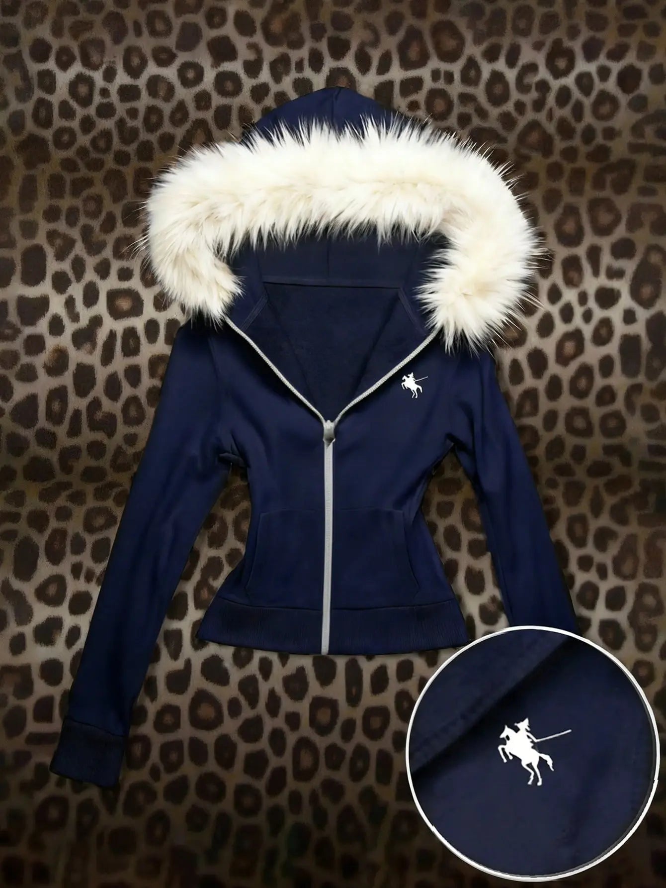 Lacivert Luxury Fur Hooded Zip-Up Hoodie touzmoda