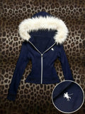 Lacivert Luxury Fur Hooded Zip-Up Hoodie touzmoda