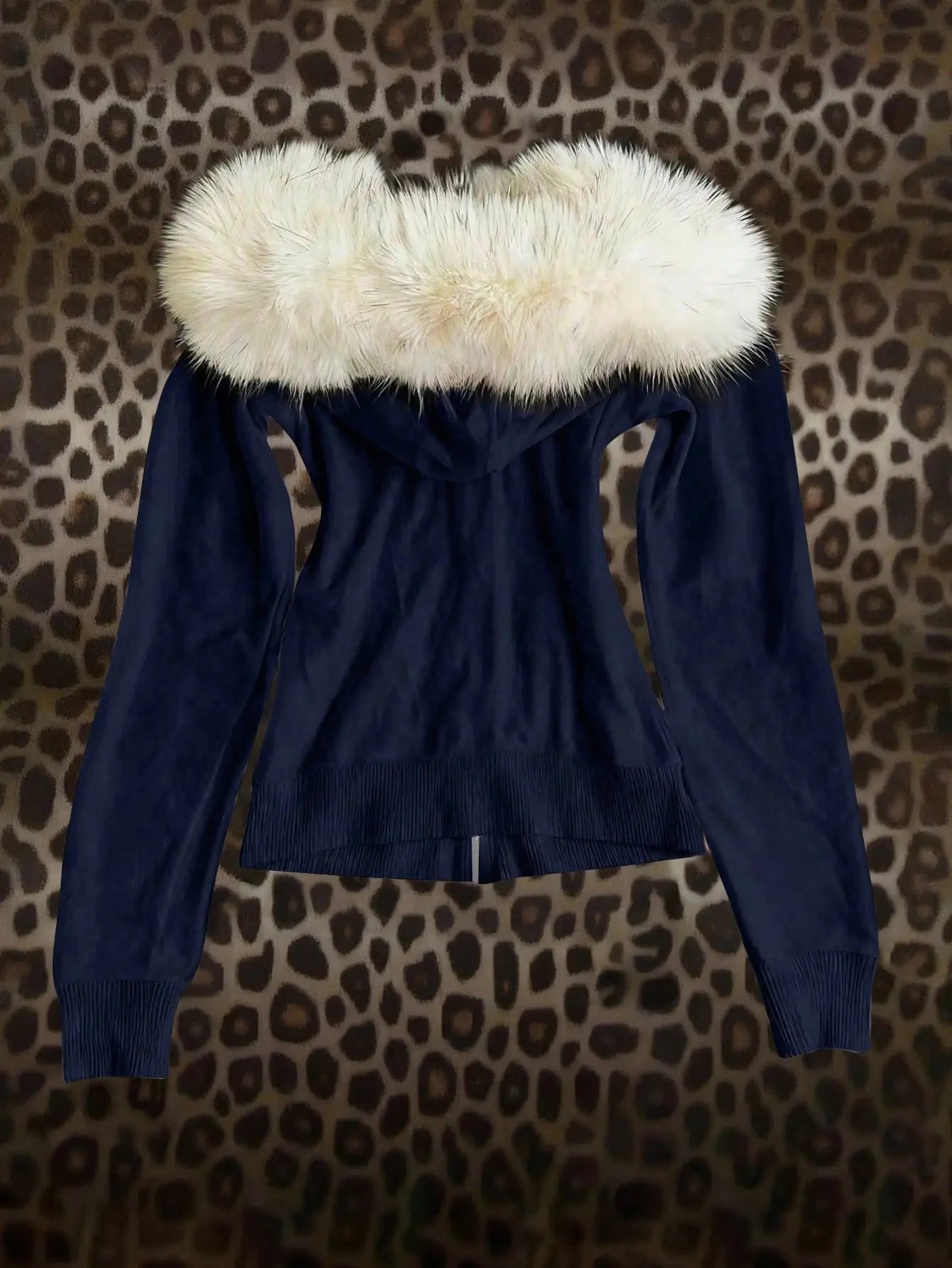 Lacivert Luxury Fur Hooded Zip-Up Hoodie touzmoda