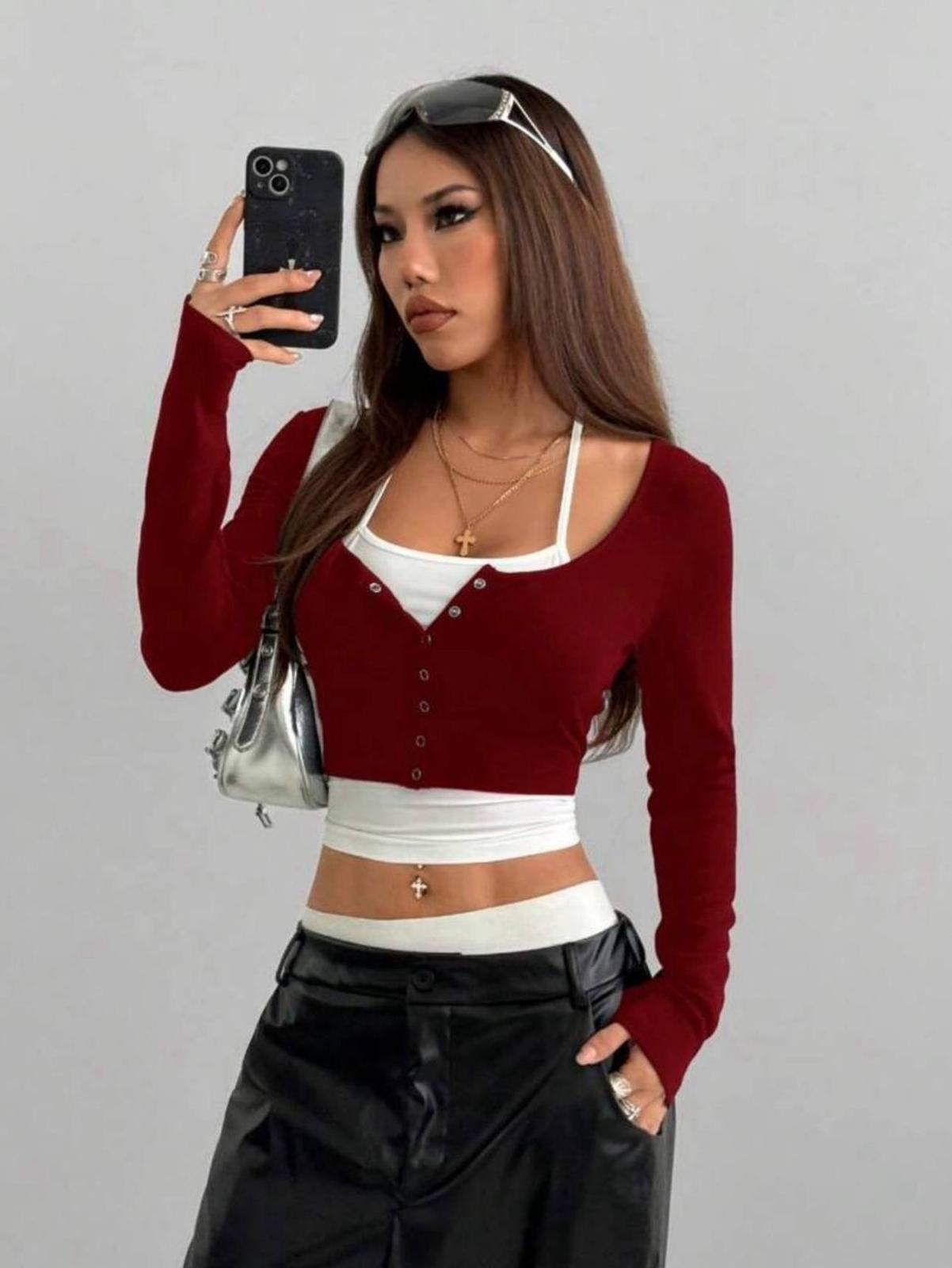 Y2K SnapFit Body Çıtçıt Detaylı Uzun Kollu Full Crop