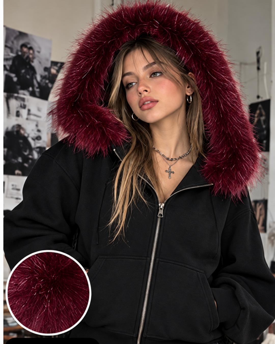 Kürk Detaylı Regular Fit Zip Hoodie Fermuarlı Sweatshirt