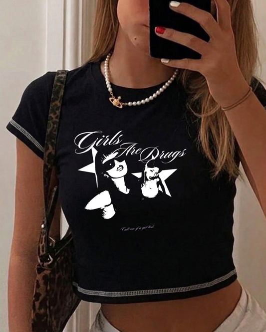 Retro Aesthetic Baskılı Ters Dikiş Siyah Crop
